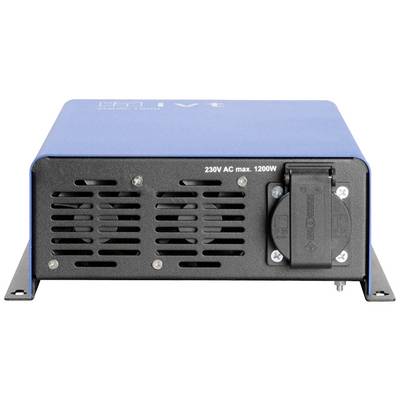 Onduleur avec couvercle bleu, 230V AC, puissance maximale de 1200W. Face avant avec grille de ventilation et prise électrique.