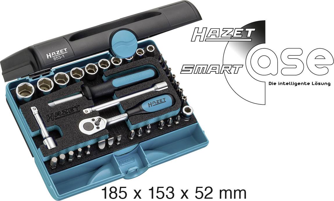 'Hazet Smart Case', un coffret à outils compact avec système de clés à cliquet et tournevis, dimensions : 185 x 153 x 52 mm.