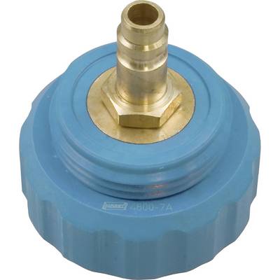 Un adaptateur bleu avec raccord en laiton, probablement destiné aux conduites de gaz ou d'eau.
