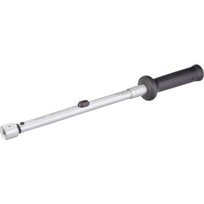 Une clé dynamométrique en argent avec une poignée noire, utilisée pour serrer précisément des vis ou des écrous.