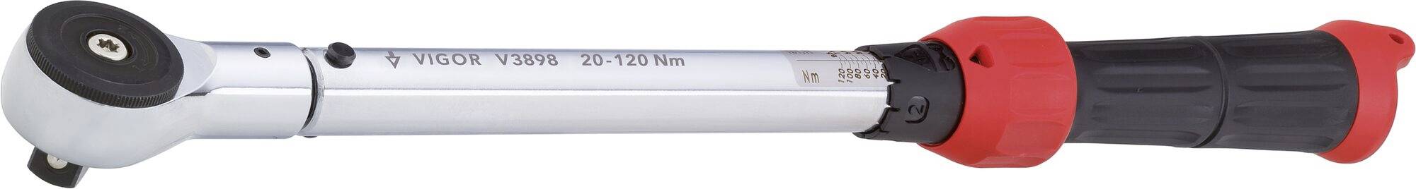 Clé dynamométrique à poignée rouge et tige argentée. Utilisée pour appliquer avec précision un couple de serrage spécifique sur des vis et des écrous.