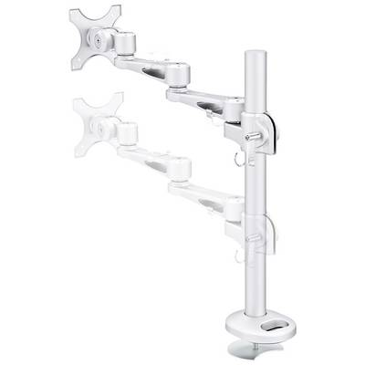 Support de moniteur double en métal, couleur argent, avec bras ajustables et supports VESA, adapté aux bureaux.