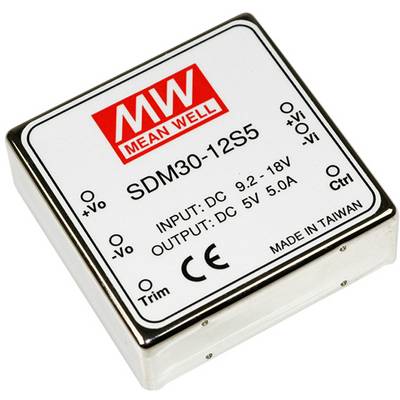 'MEAN WELL SDM30-12S5', un convertisseur DC-DC avec une plage d'entrée de 9,2-18V et une sortie de 5V, 5A, fabriqué à Taiwan.