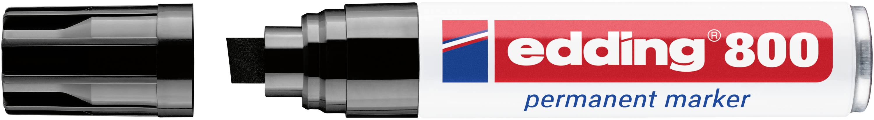 Marqueur permanent Edding 800 présenté avec son capuchon et sa pointe biseautée, encre noire visible, étiqueté en rouge et bleu sur un corps blanc.