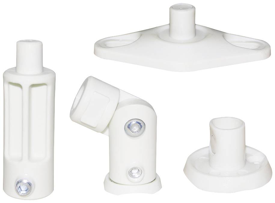 Joints et supports en plastique blanc, adaptés pour des connexions mécaniques ou des fixations. Comprend des pièces d'angle et des pièces de bride.