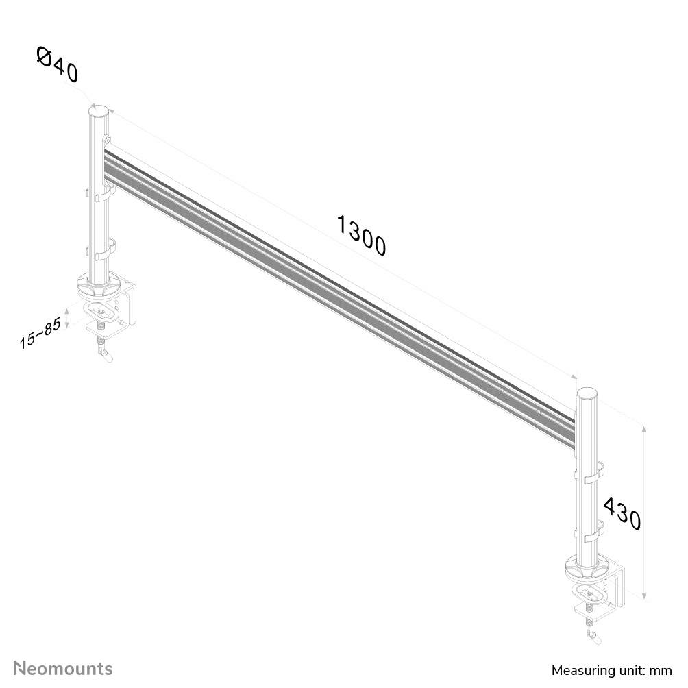 Instructions de montage pour un support métallique rectangulaire avec les dimensions suivantes : longueur 1300 mm, largeur 40 mm, hauteur réglable de 15 à 85 mm.
