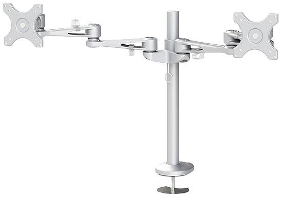 Bras de moniteur double en métal argenté, monté sur un socle, avec deux supports VESA pour la fixation des écrans.