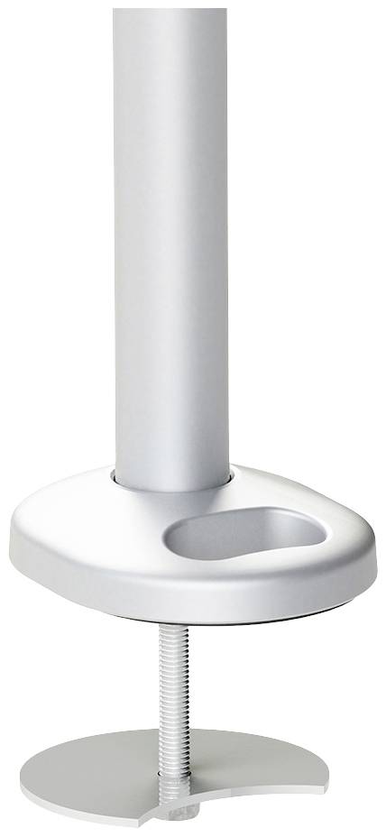 Un bras de fixation argenté pour table, pouvant être monté sur une table, avec une pince à son extrémité pour une fixation sécurisée.