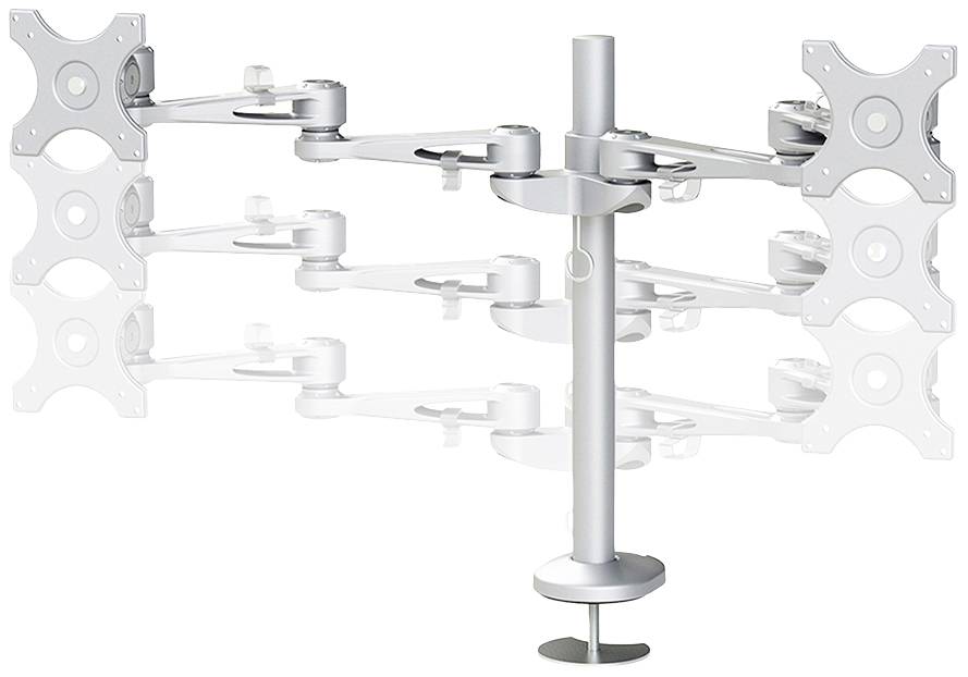 Support de moniteur multiple en métal avec bras ajustables, adapté pour fixer plusieurs écrans sur un bureau.