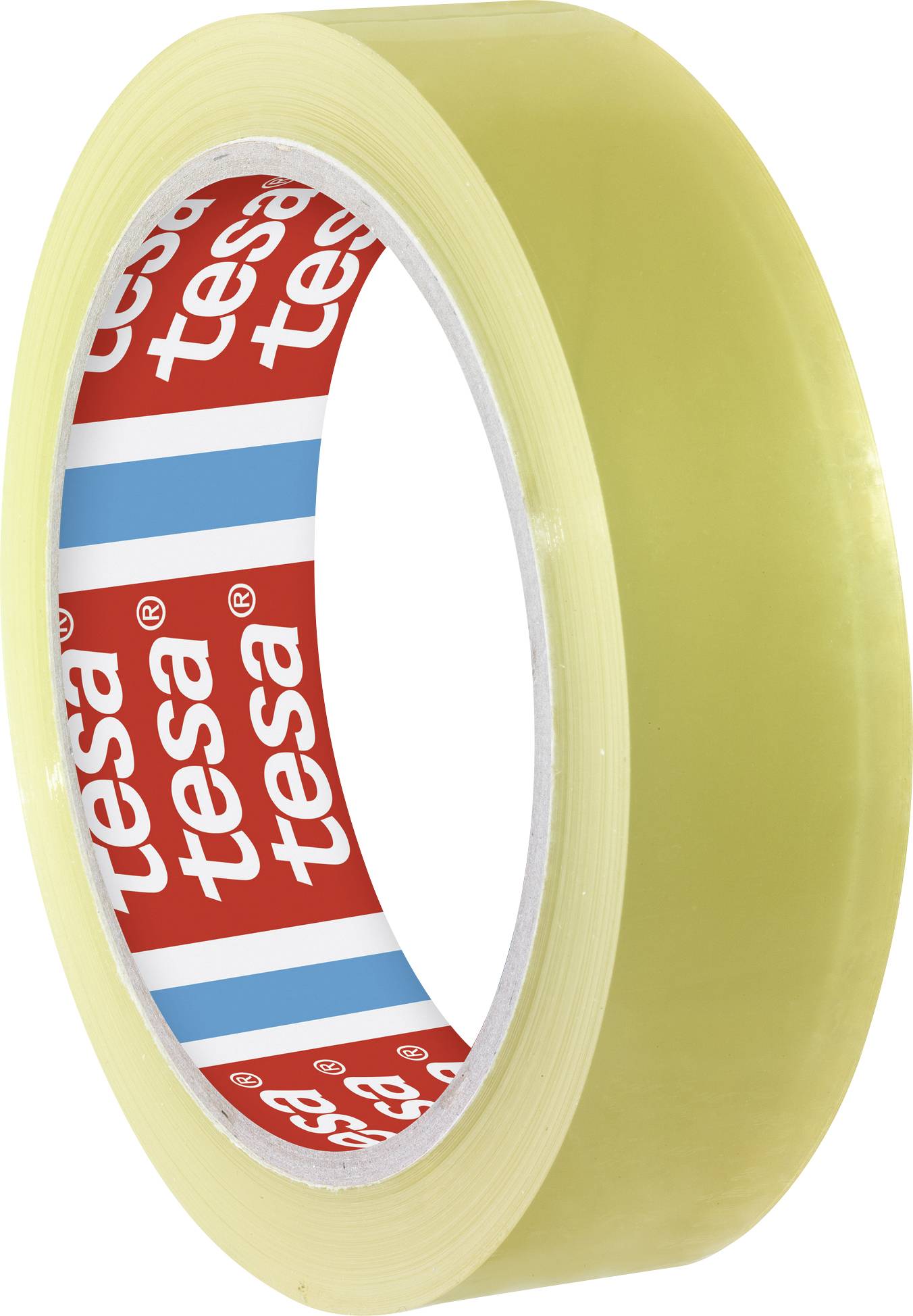 Rouleau de ruban adhésif transparent avec une étiquette intérieure de 'tesa', utilisé pour emballer ou fixer mécaniquement des objets.