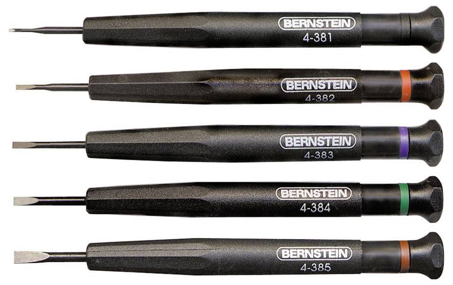 Cinq tournevis de précision Bernstein avec des poignées noires et des bagues colorées, étiquetés 4-381 à 4-385, présentés en rangée sur un fond blanc.