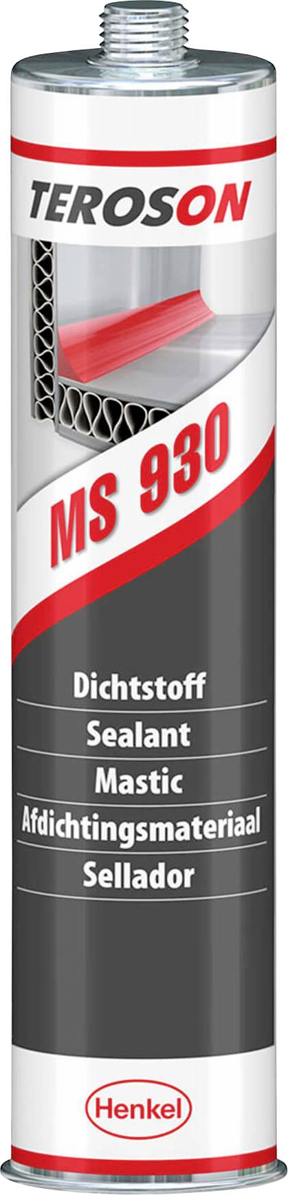 Image d'un produit représentant une cartouche 'Teroson MS 930', un mastic d'étanchéité, avec un étiquetage multilingue et le logo de Henkel.