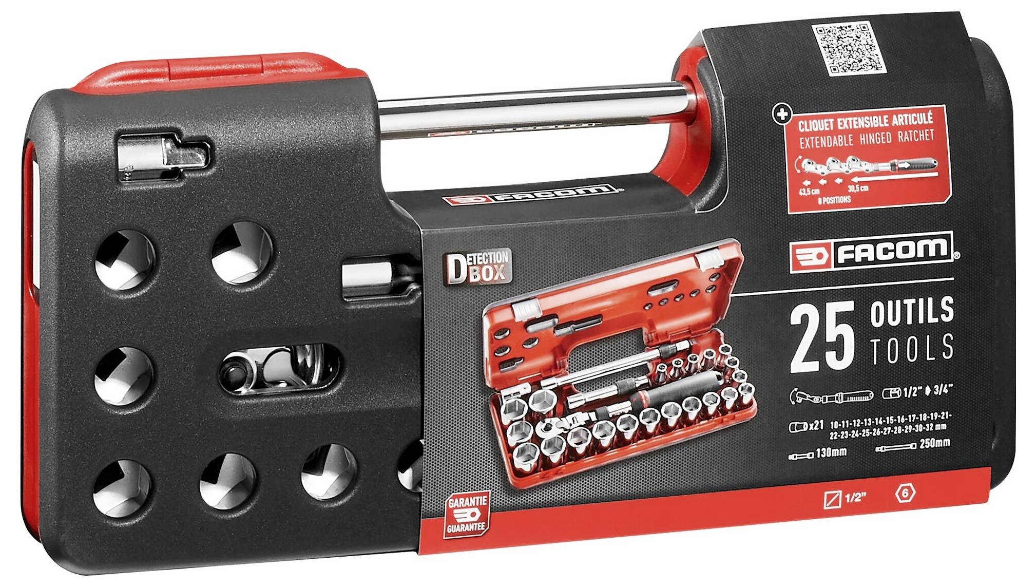 Emballage d'un coffret à outils de 25 pièces, illustré avec différentes douilles, une clé à cliquet et un étui rouge, accompagné d'informations sur le produit.