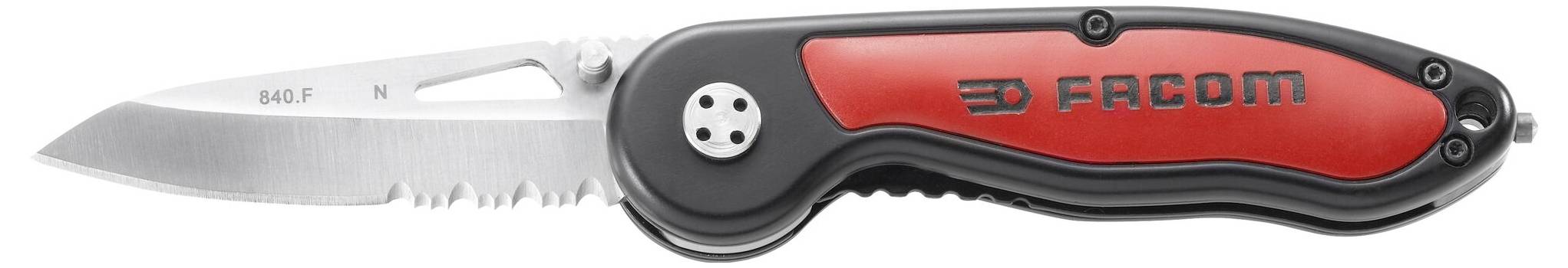 Un couteau de poche rouge et noir avec une lame dentelée, de la marque Facom. Il est partiellement ouvert et montre le logo sur la poignée.