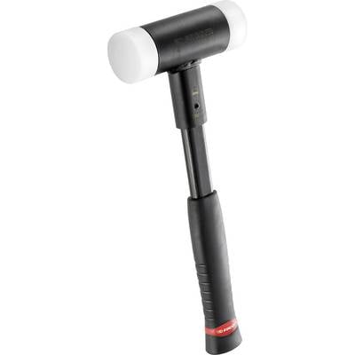 Un marteau en caoutchouc avec un manche noir et des surfaces de frappe blanches.