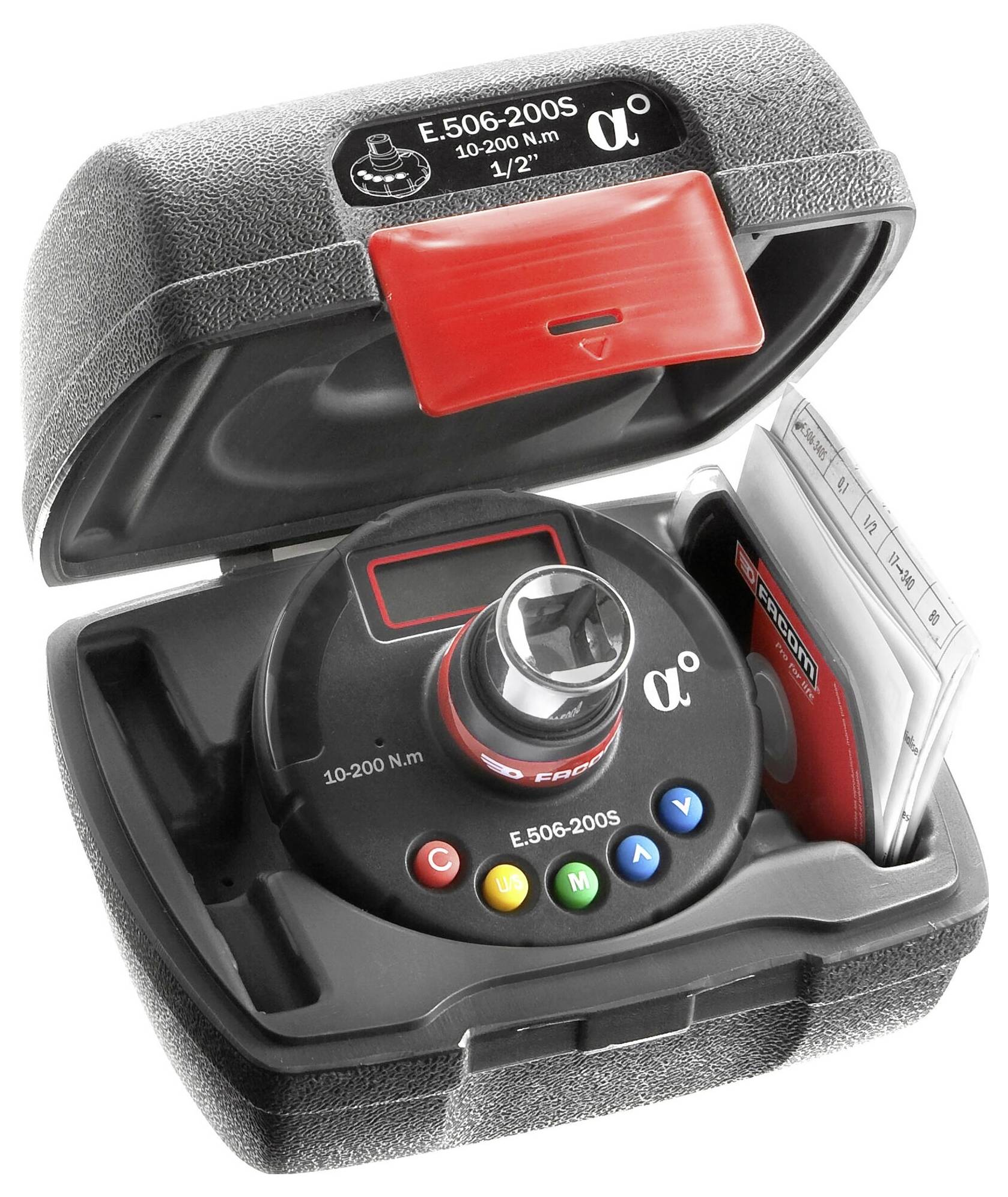 Un capteur de couple dans un étui noir ouvert avec des détails rouges, affichant '10-200 N/m'. Un manuel est également présent dans l'étui.