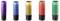Cinq épingles de sûreté de différentes couleurs : violet, bleu, jaune, rouge et vert, disposées en ligne.