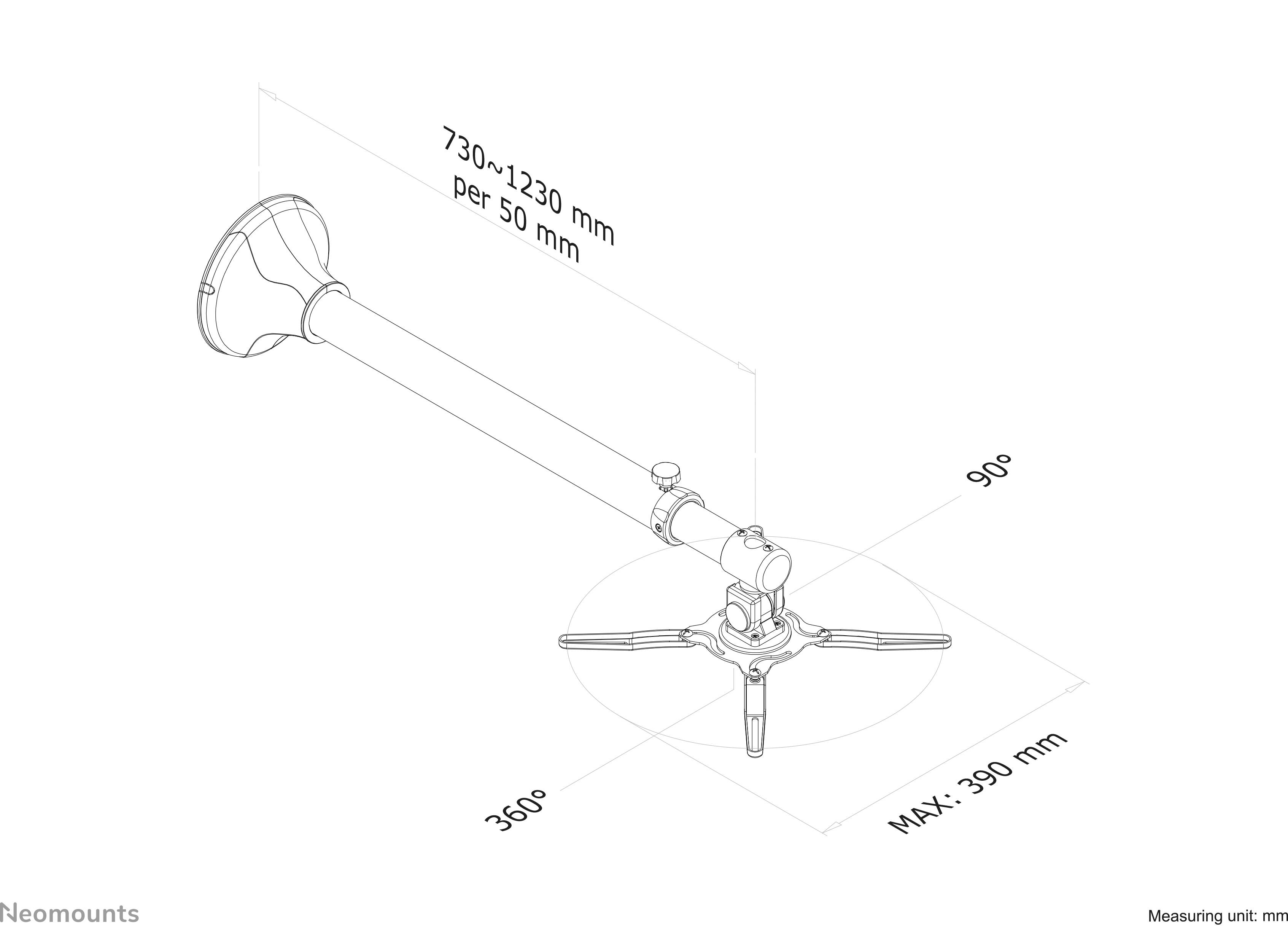 Dessin technique d'un bras de support mural réglable. Montre l'inclinaison et la longueur du support. Distance maximale 390 mm, longueur 730-1230 mm.