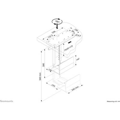 Vue éclatée d'un support réglable en hauteur avec dimensions en millimètres. La plaque principale est pivotante à 180 degrés. Les dimensions des plaques et les espacements sont indiqués.