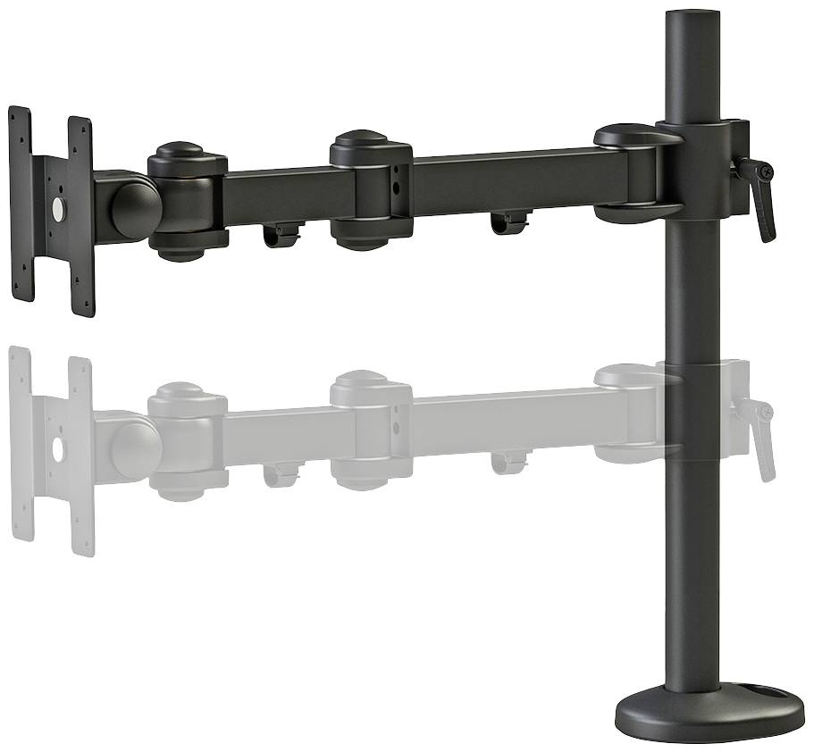 Un bras de moniteur ajustable en noir, monté sur un support à deux bras horizontaux qui peuvent modifier les positions de manière flexible.