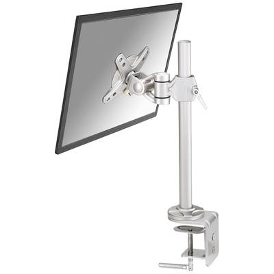 Un support de moniteur argenté avec pince pour fixation sur un bord de table. Le support dispose d'une articulation permettant un positionnement flexible de l'écran.