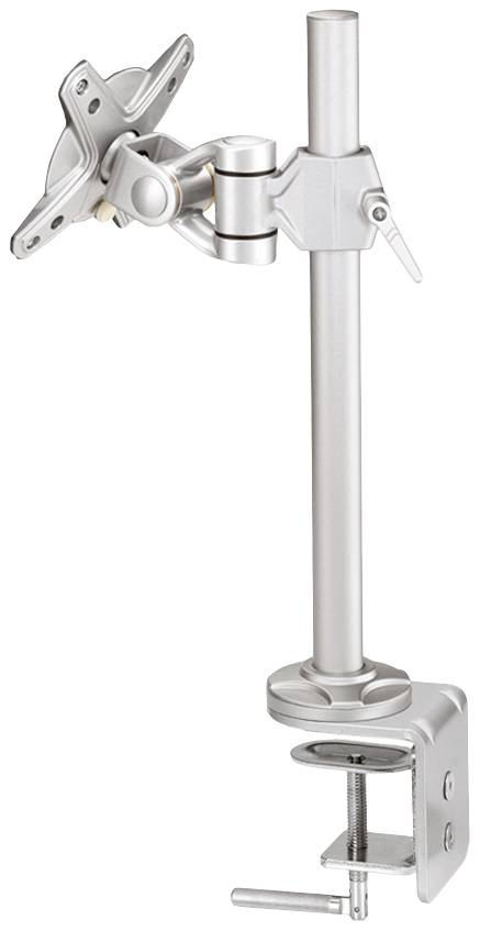 Un support de moniteur argenté avec une pince de fixation pour le fixer à une table. Le bras est ajustable pour permettre différentes positions.
