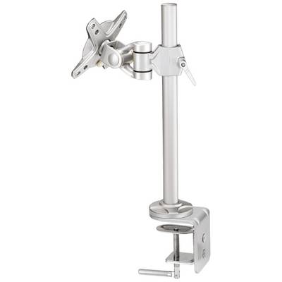 Un support de moniteur argenté avec une pince de fixation pour le fixer à une table. Le bras est ajustable pour permettre différentes positions.