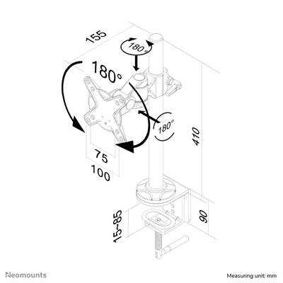 'Dessin technique d'un bras de moniteur réglable. Dimensions : 155 x 410 mm. Angle d'inclinaison : 180° dans trois directions. Unité de mesure : mm.'