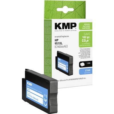 Cartouche d'encre de remplacement cyan KMP pour HP 951XL, présentée à côté de son emballage, étiquetée « CARTOUCHE REMISE À NEUF » et « Cyan pigmenté ».
