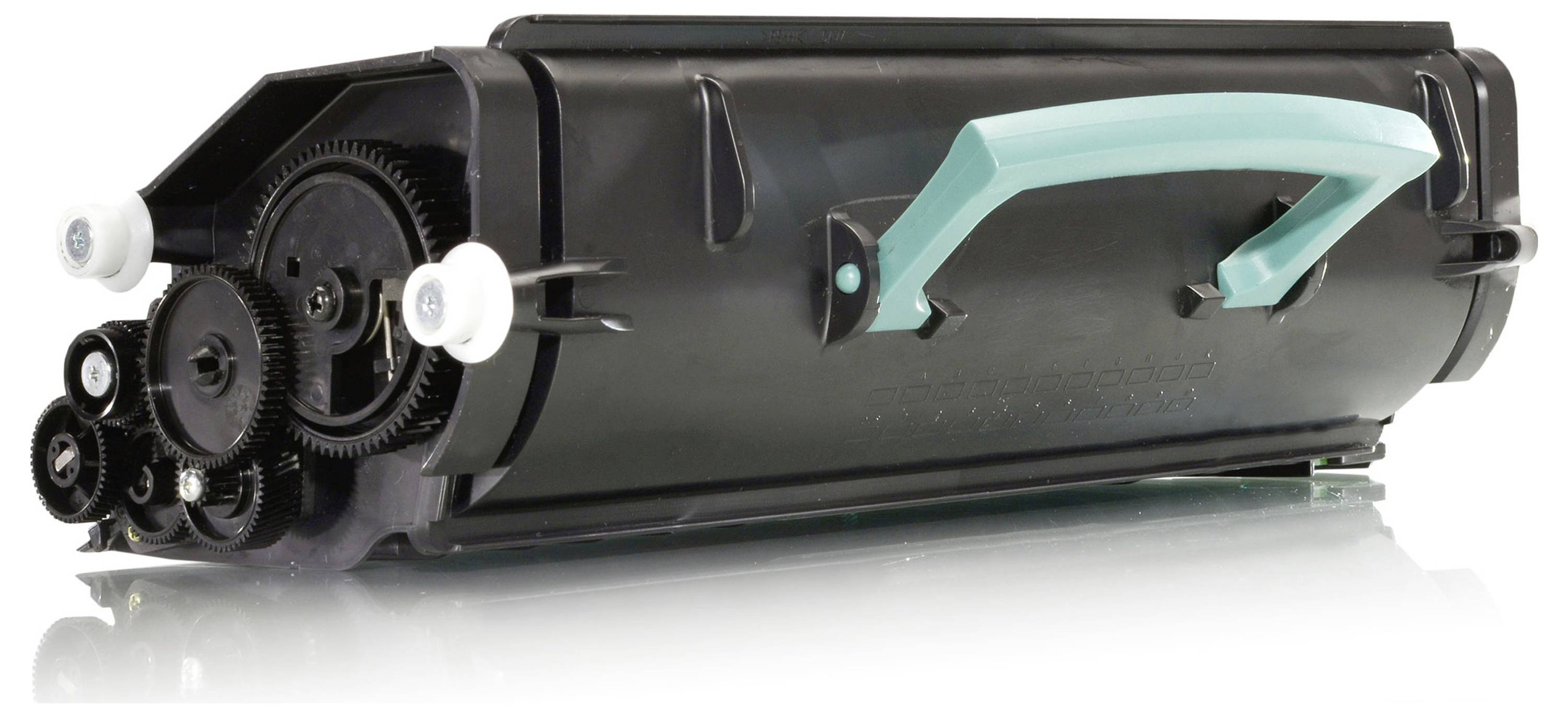 Cartouche de toner pour imprimante laser noire avec engrenages visibles et poignée bleu-vert sur fond blanc.