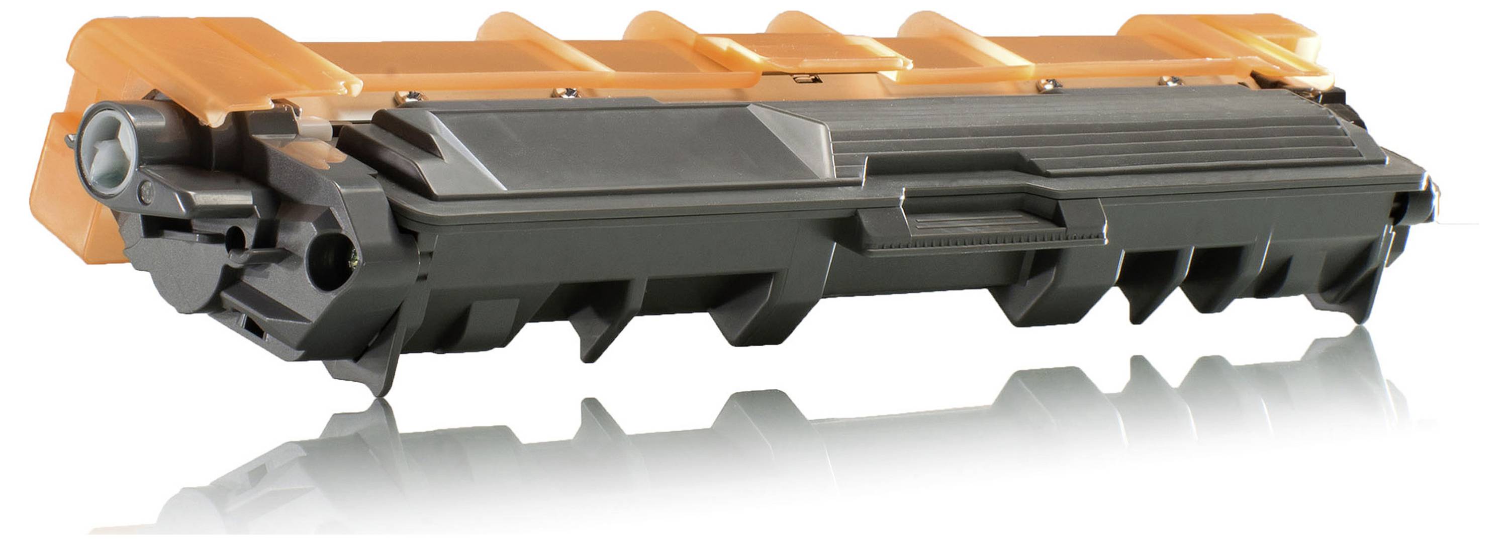 Cartouche de toner pour imprimante noire et orange isolée sur fond blanc avec une légère réflexion en dessous.