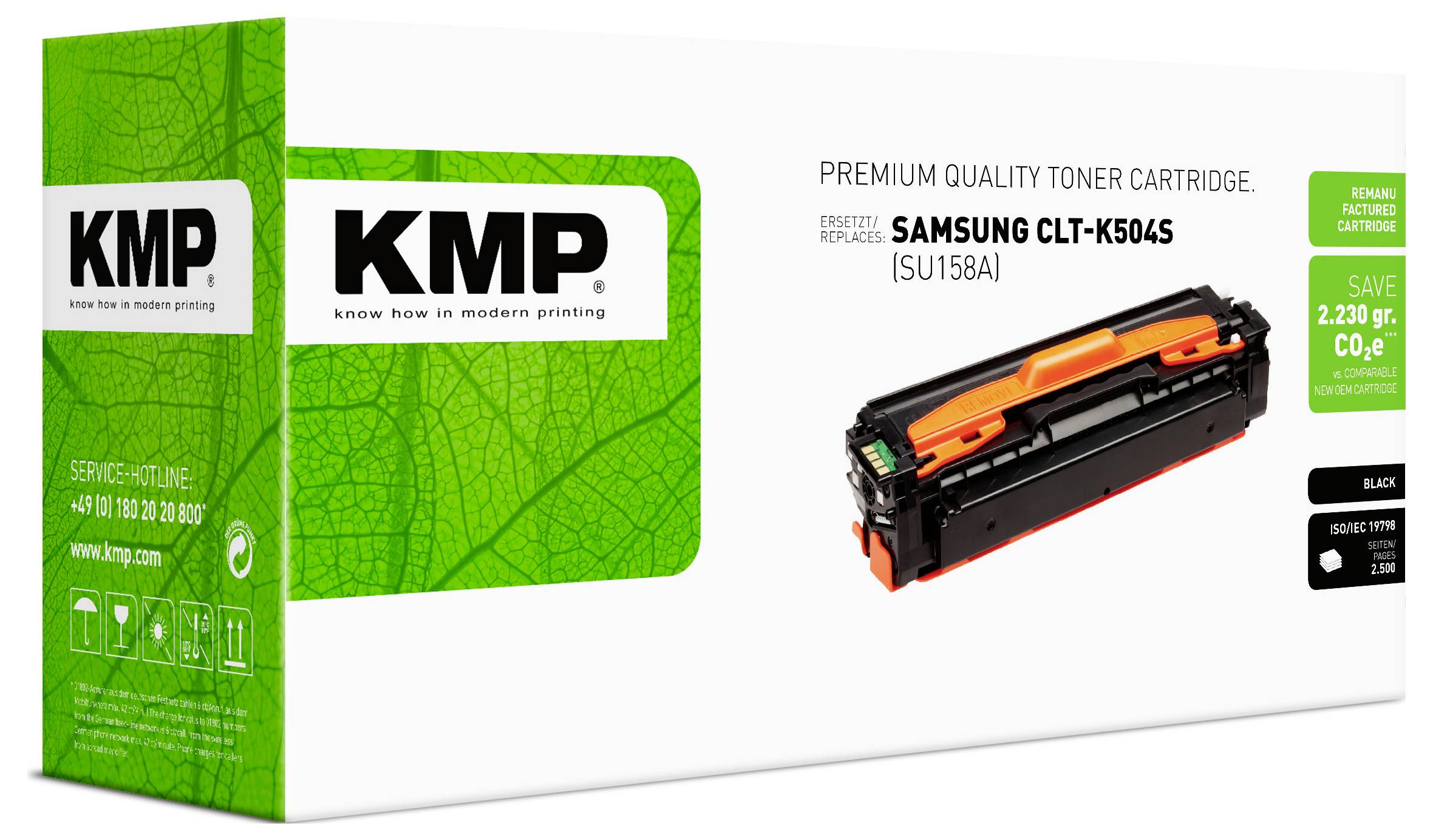 Emballage de cartouche de toner de qualité premium KMP pour Samsung CLT-K504S, montré avec la cartouche de toner noir/orange et la marque écologique verte respectueuse de l'environnement.