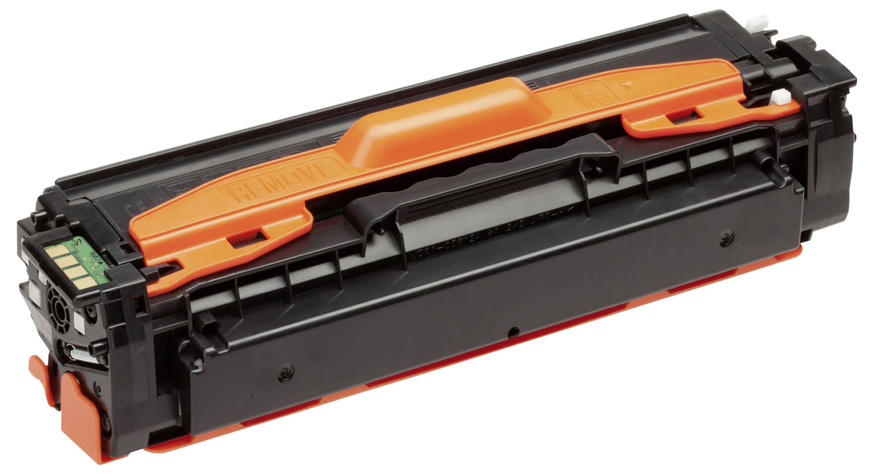 Cartouche de toner pour imprimante noire et orange sur un fond blanc, présentée sous un angle.