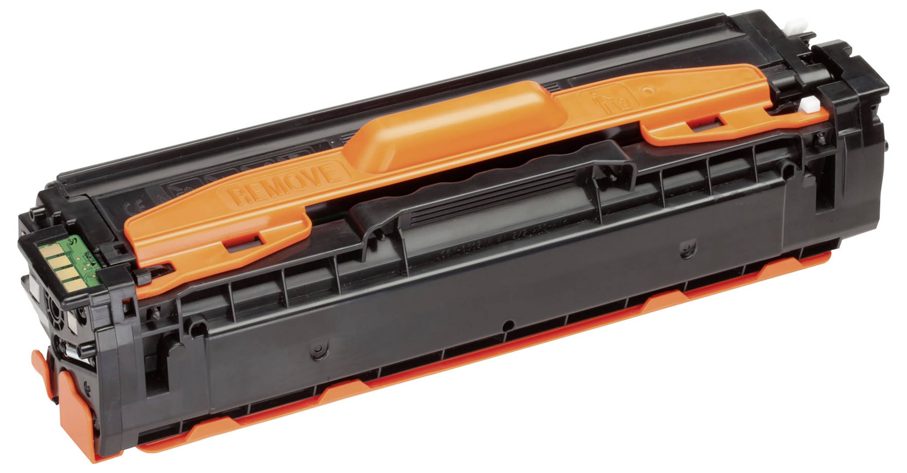 Cartouche de toner noir et orange pour imprimante laser, présentée sur fond blanc