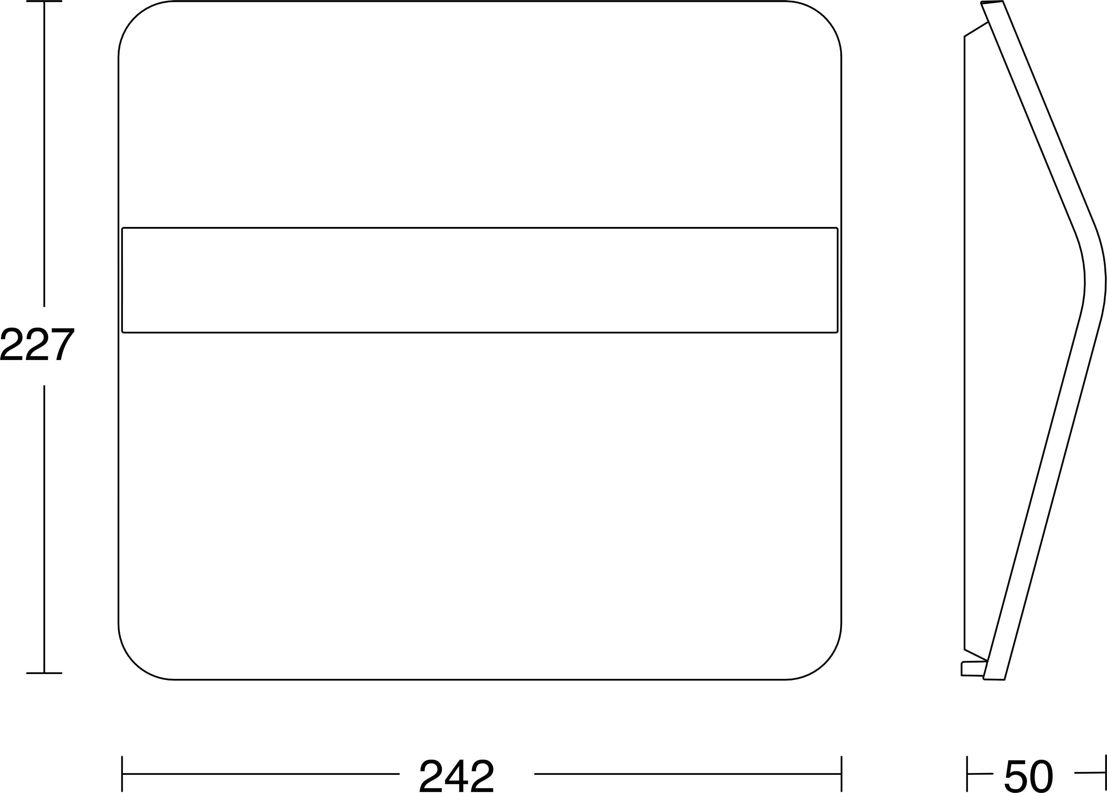 Dessin technique d'un panneau rectangulaire aux angles arrondis, vues de face et de côté, avec les dimensions étiquetées de 227 de hauteur, 242 de largeur et 50 de profondeur.