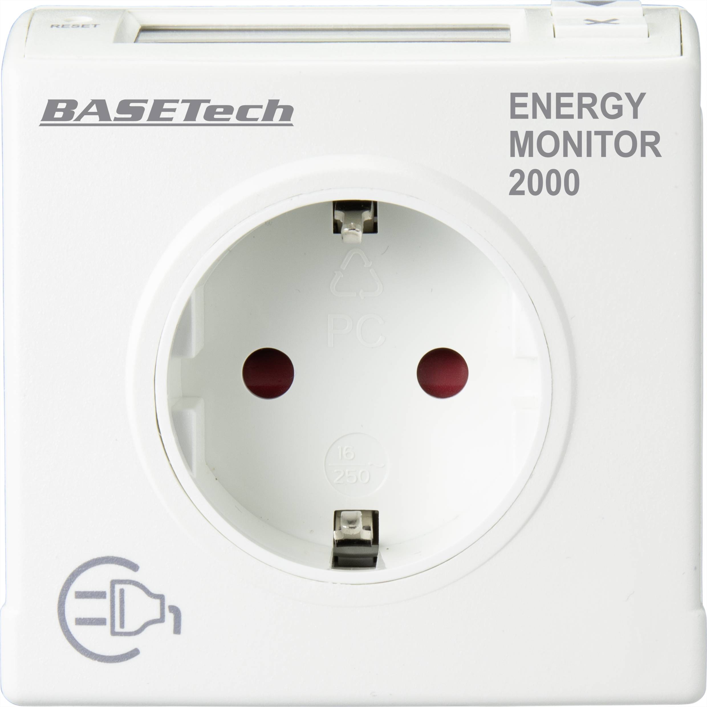 Prise 'BASETech Energy Monitor 2000' vue de face avec un affichage numérique en haut et l'unité de branchement au centre.