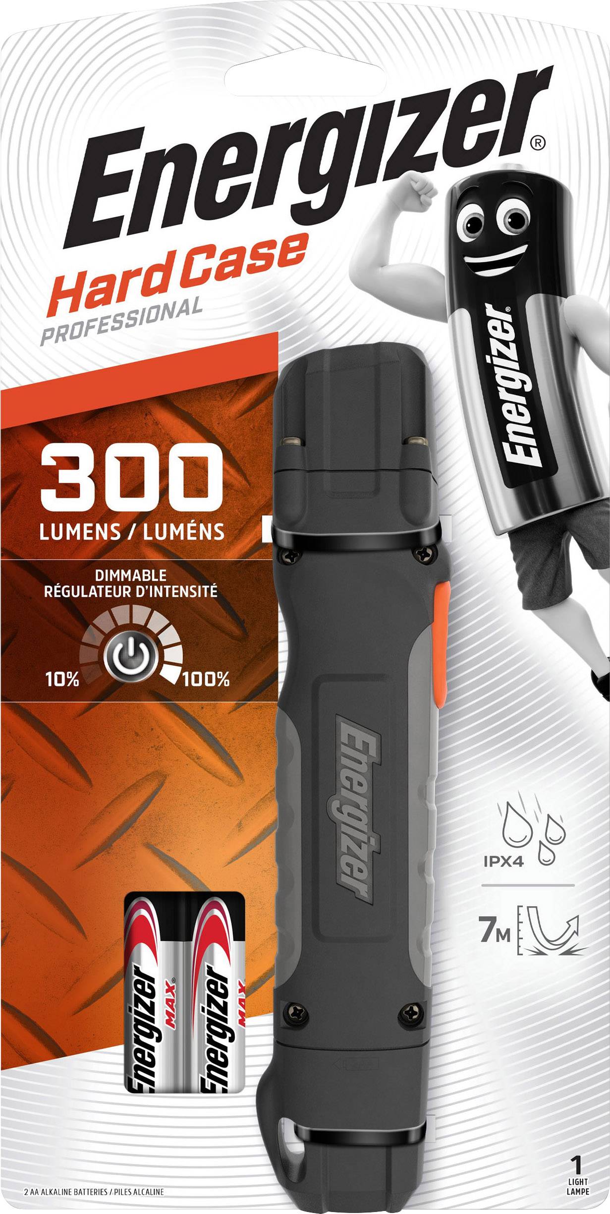 Lampe de poche 'Energizer Hard Case Professional' de 300 lumens. Contient 2 piles AA. Résistante aux éclaboussures, portée lumineuse de 7 m.