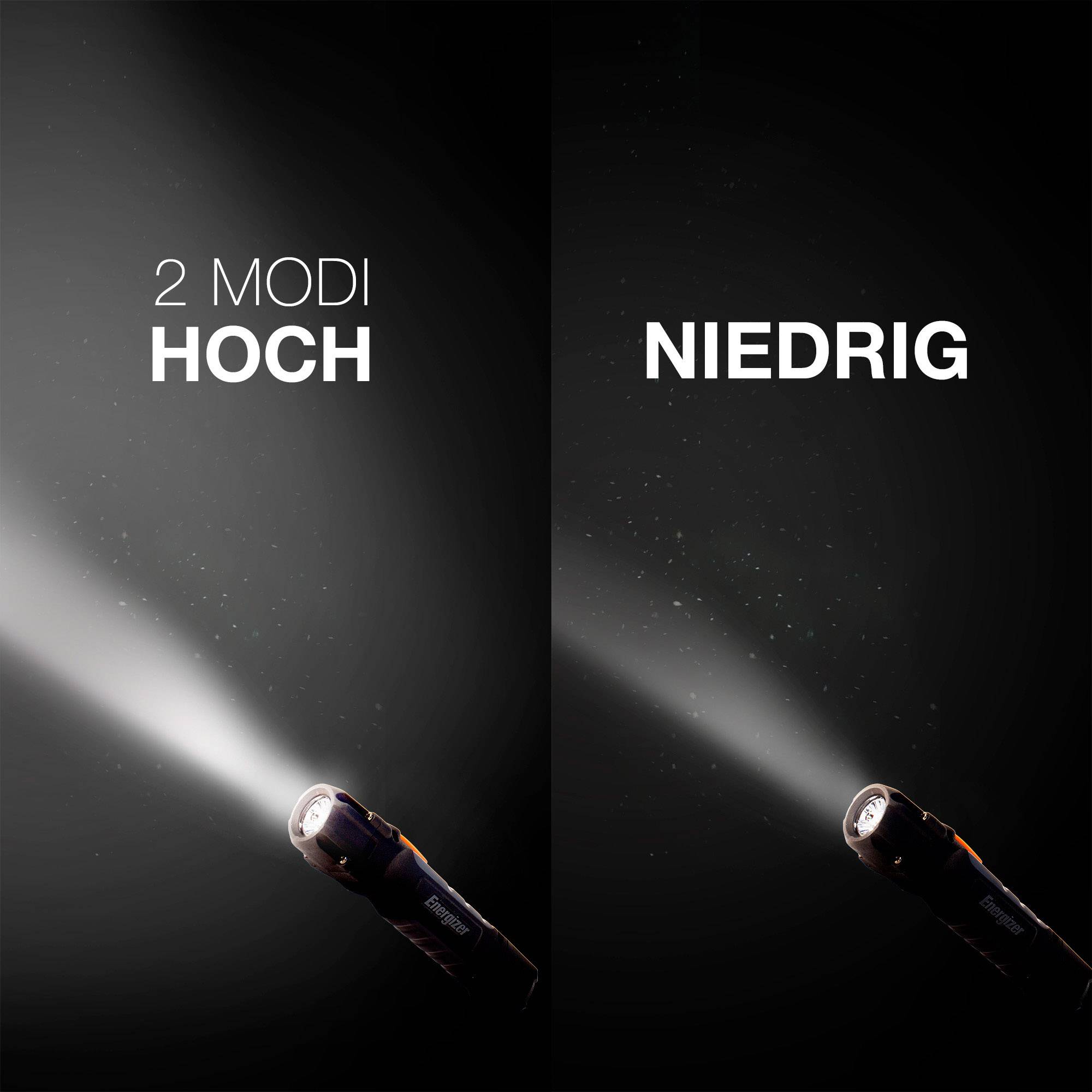 'Lampe de poche avec deux modes : Fort à gauche, avec un faisceau lumineux puissant ; Faible à droite, avec un faisceau lumineux plus doux.'
