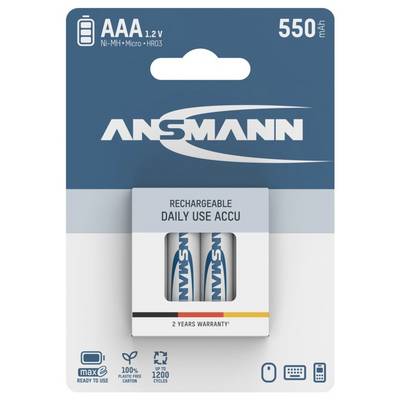 Paquet de deux piles rechargeables ANSMANN AAA 1,2V Ni-MH, 550 mAh, étiquetées « Daily Use Accu » avec garantie de 2 ans.