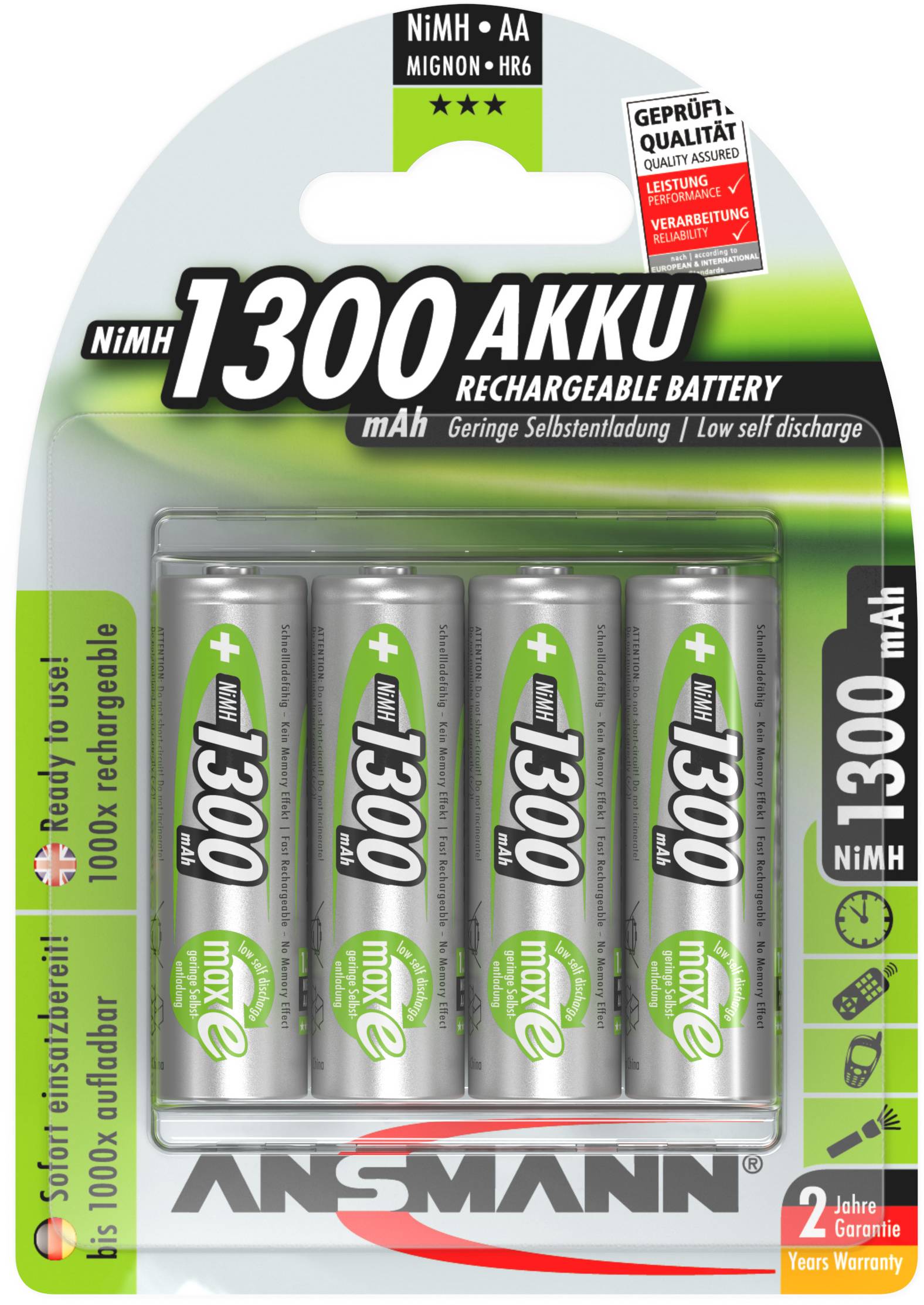 « Batteries rechargeables ANSMANN NiMH 1300 mAh, pack de 4, faible autodécharge, garantie de 2 ans »