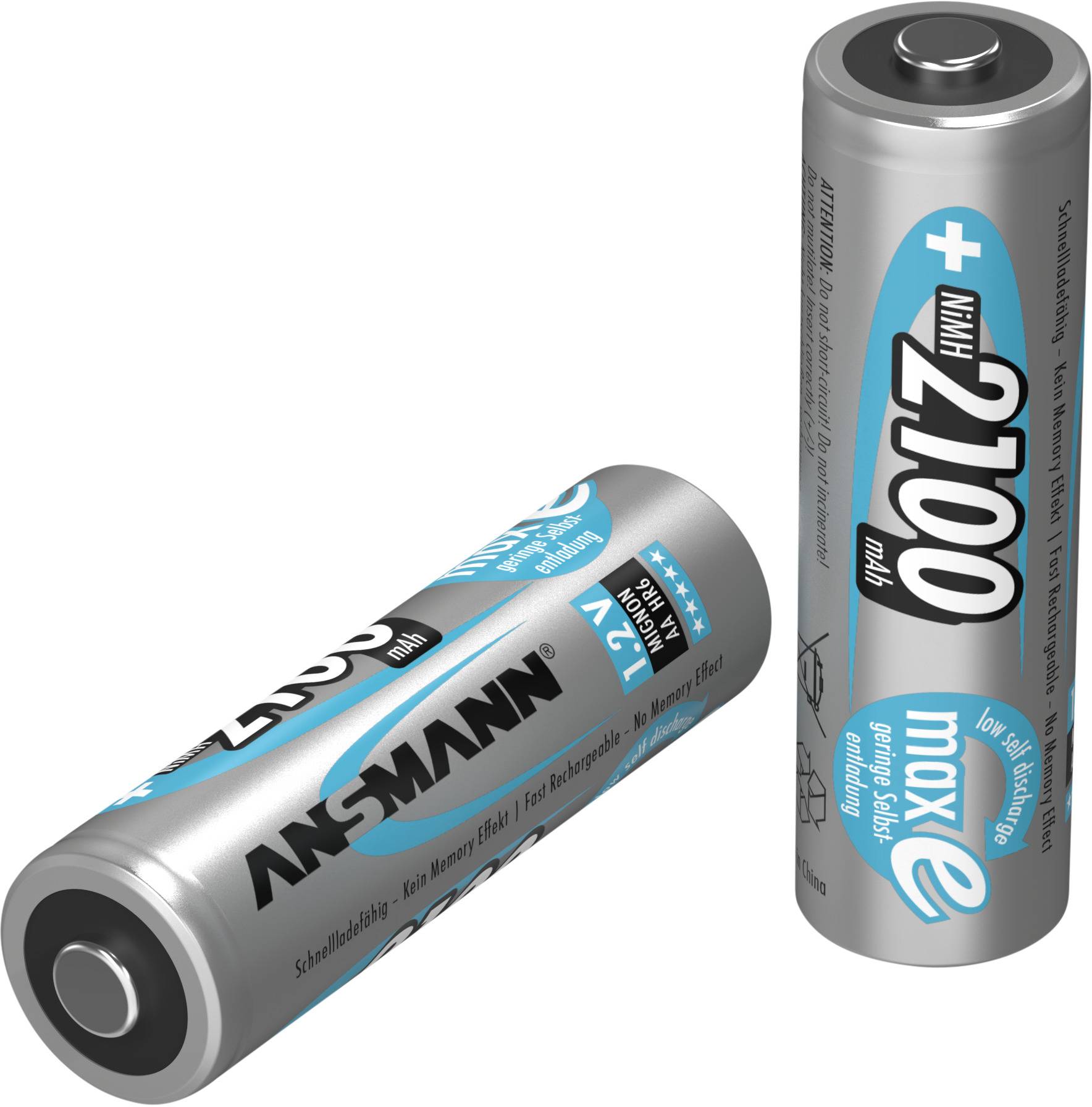 Deux piles AA rechargeables de la marque Ansmann Maxe, avec une tension de 1,2V et une capacité de 2100 mAh. Une pile est couchée, l'autre est droite.