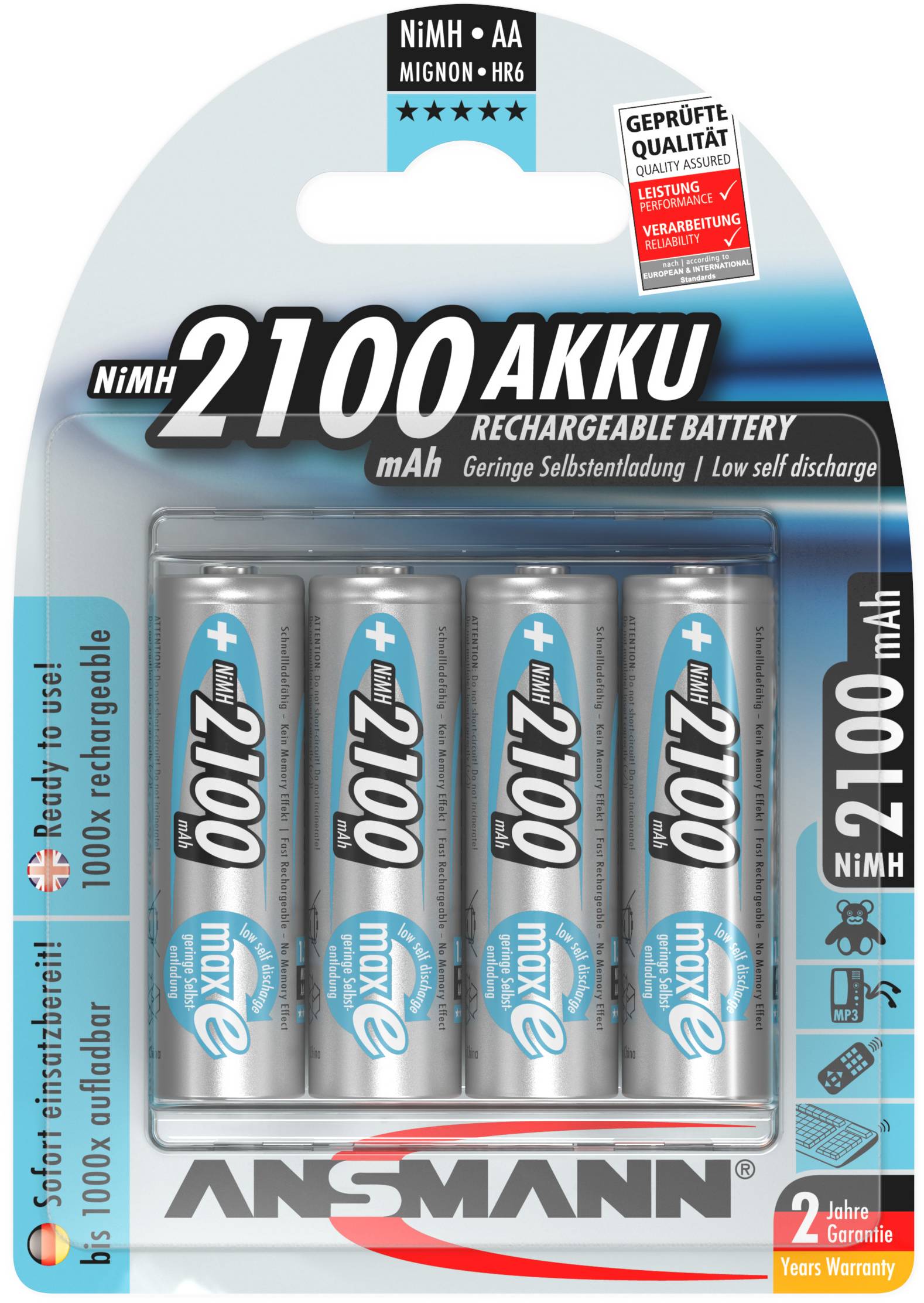 'Quatre piles rechargeables AA, 2100 mAh, NiMH. Marque : Ansmann. Adaptées à de nombreuses applications, garantie de 2 ans.'