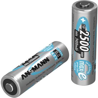 Piles AA Ansmann Type 2500, une posée horizontalement et une verticalement, avec inscription indiquant une capacité de 2400mAh et une faible perte d'énergie.