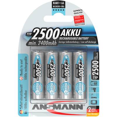 'Pack of four rechargeable AA batteries, brand Ansmann, type 2500, with 2400mAh capacity and two-year warranty.'