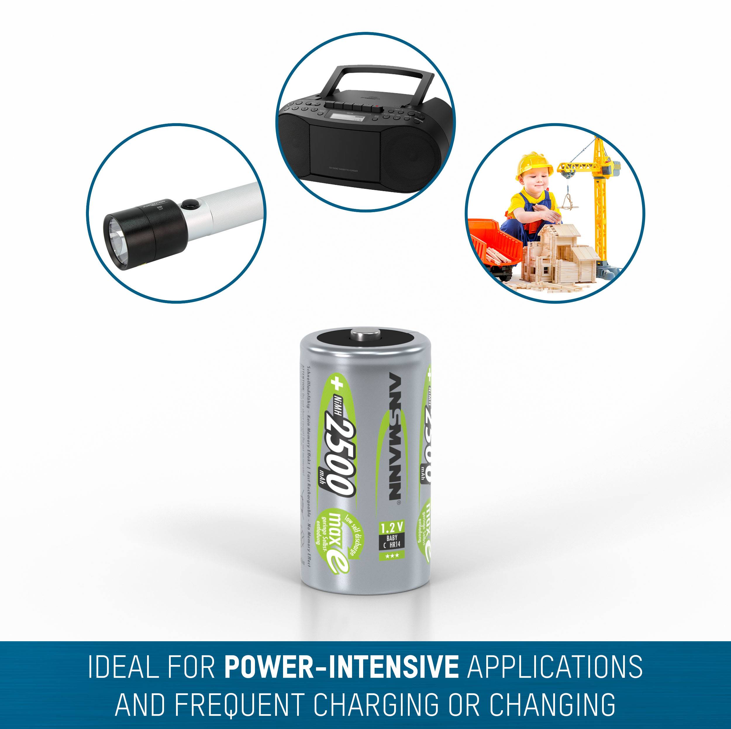 Batterie de 2500 mAh idéale pour des applications nécessitant beaucoup d'énergie, illustrée ici à côté d'une lampe de poche, d'une radio et d'une grue jouet pour enfants.