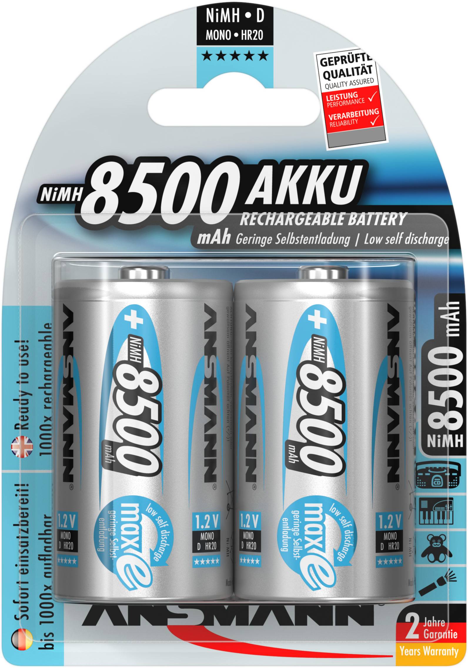 Deux batteries rechargeables NiMH de 8500 mAh, mises en valeur par leur longue durée de vie et leur faible taux d'autodécharge. L'emballage présente les détails de la garantie.