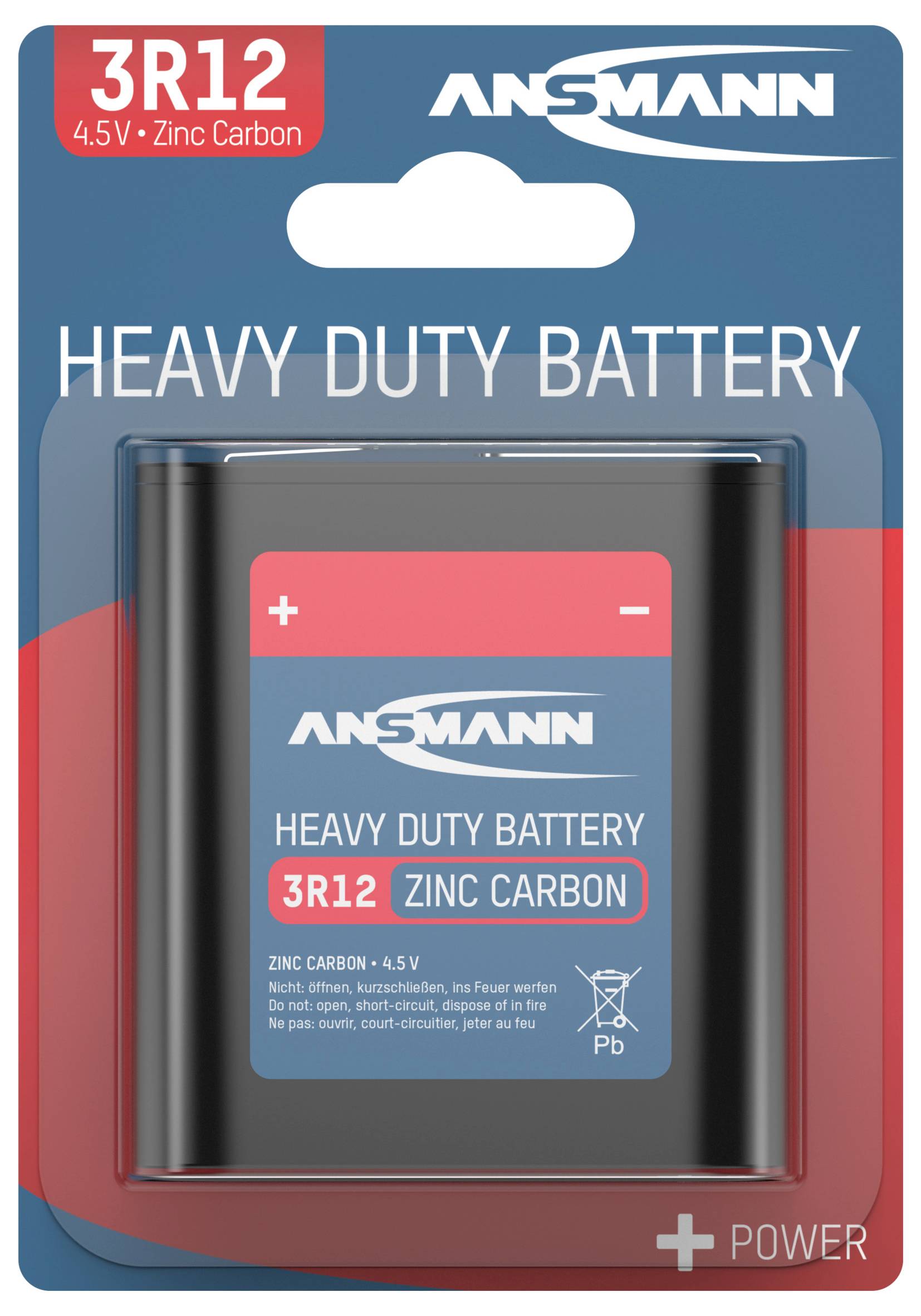 Batterie ANSMANN Heavy Duty, Type 3R12, 4,5V, Zinc-Carbone, non rechargeable. Emballage en bleu et rouge avec symbole de batterie.