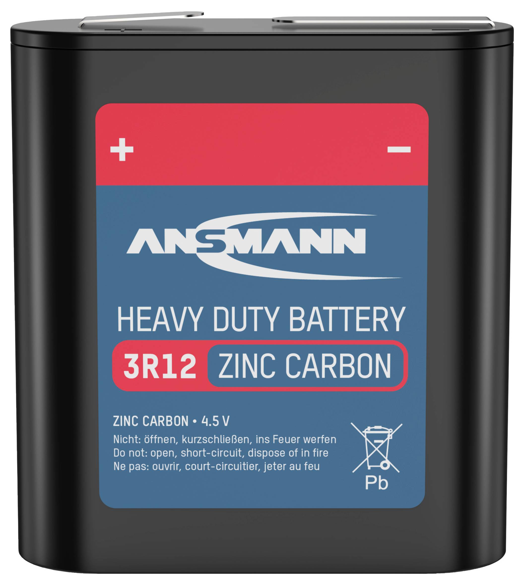 Pile Ansmann 3R12 zinc-carbone, 4,5V, avec symboles "+" et "-" et avertissements de sécurité sur la face avant.