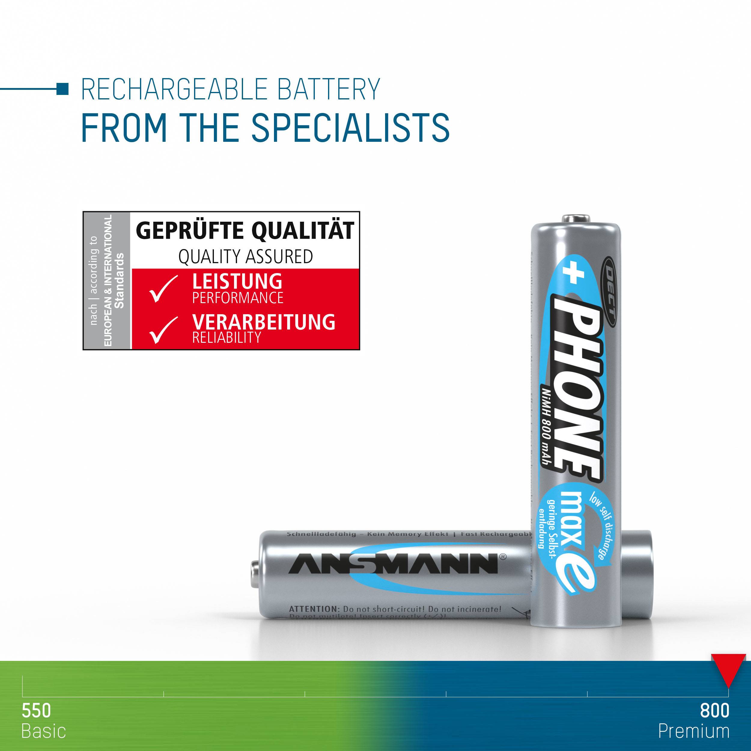 Deux batteries rechargeables positionnées verticalement et horizontalement, avec le texte 'PHONE'. Un sceau de qualité en haut à gauche. Une échelle de couleurs en bas indique la performance de Base à Premium.