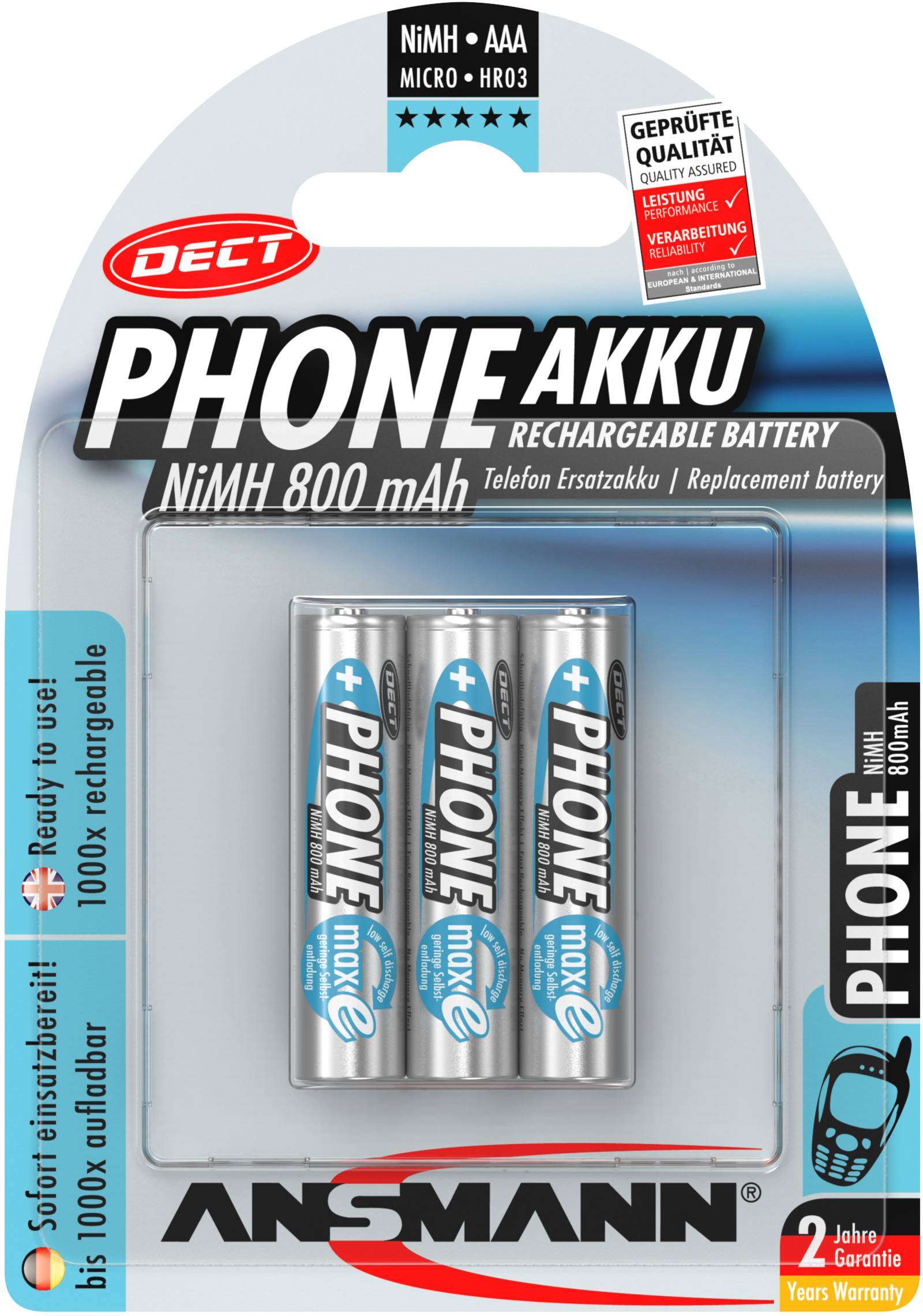 'Trois batteries rechargeables NiMH AAA de 800 mAh, conditionnées comme batterie de rechange pour téléphones DECT. Deux ans de garantie.'